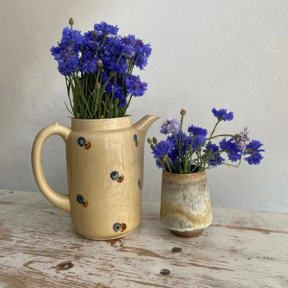 Kornblumen in zwei Keramikkrügen auf einem hellen Holztisch