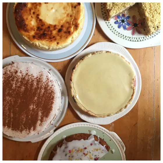 Mehrere Kuchen und Torten nebeneinander auf einem Holztisch, einer mit Kakao bestäubt